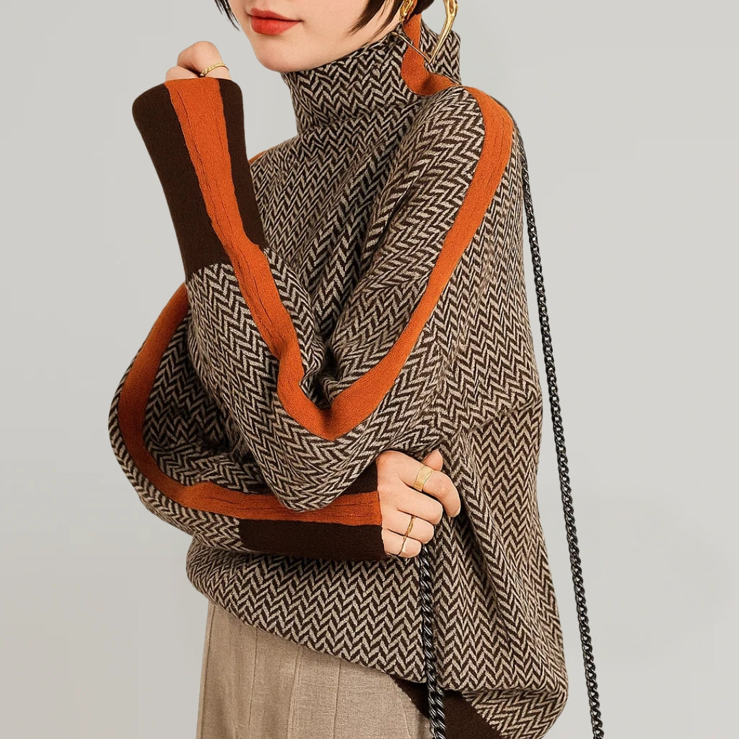 Pullover Women's with High Neckline and Herringbone Pattern | L&S - 2 - London-stylehouse.com