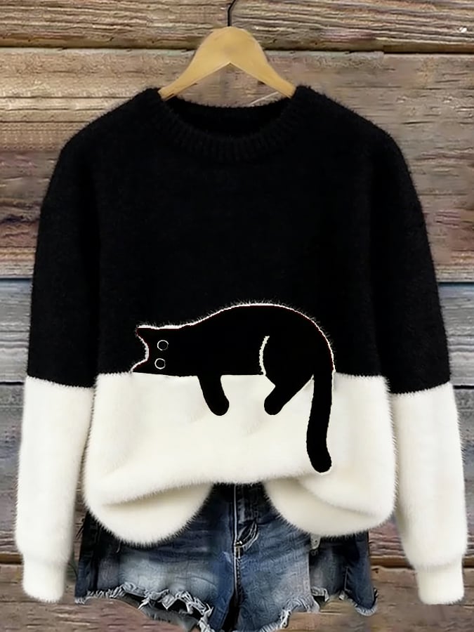 Pullover Women's with Playful Cat Motif and Contrast Cut | L&S - 3 - London-stylehouse.com