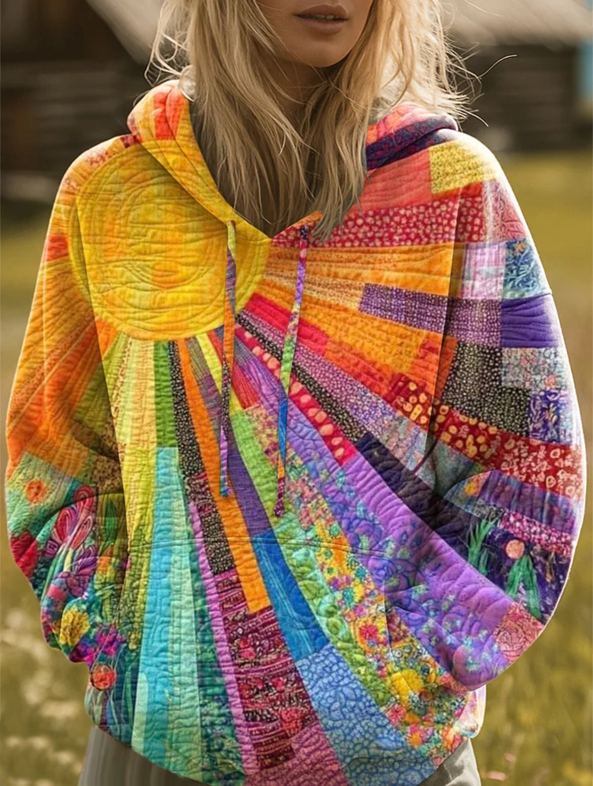 Hoodie Women's Relaxed Fit with Vibrant Patchwork Design | L&S - 1 - London-stylehouse.com