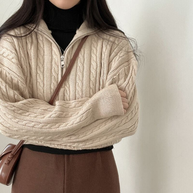 Pullover Women's Zip Neck with Cable Knit Detail | L&S - 4 - London-stylehouse.com