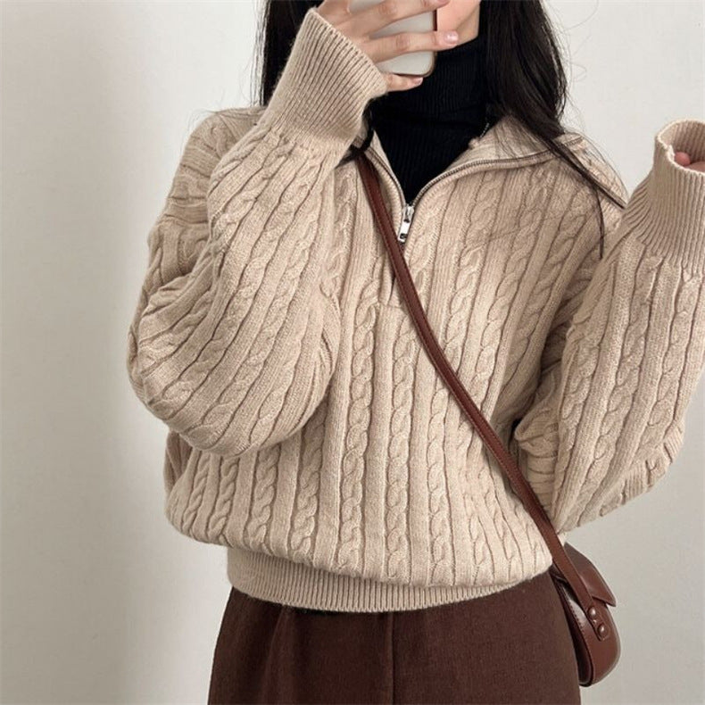 Pullover Women's Zip Neck with Cable Knit Detail | L&S - 5 - London-stylehouse.com