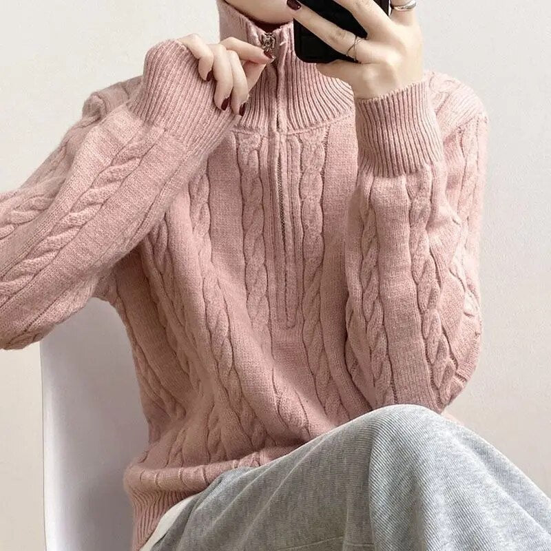 Pullover Women's Zip Neck with Cable Knit Detail | L&S - 6 - London-stylehouse.com