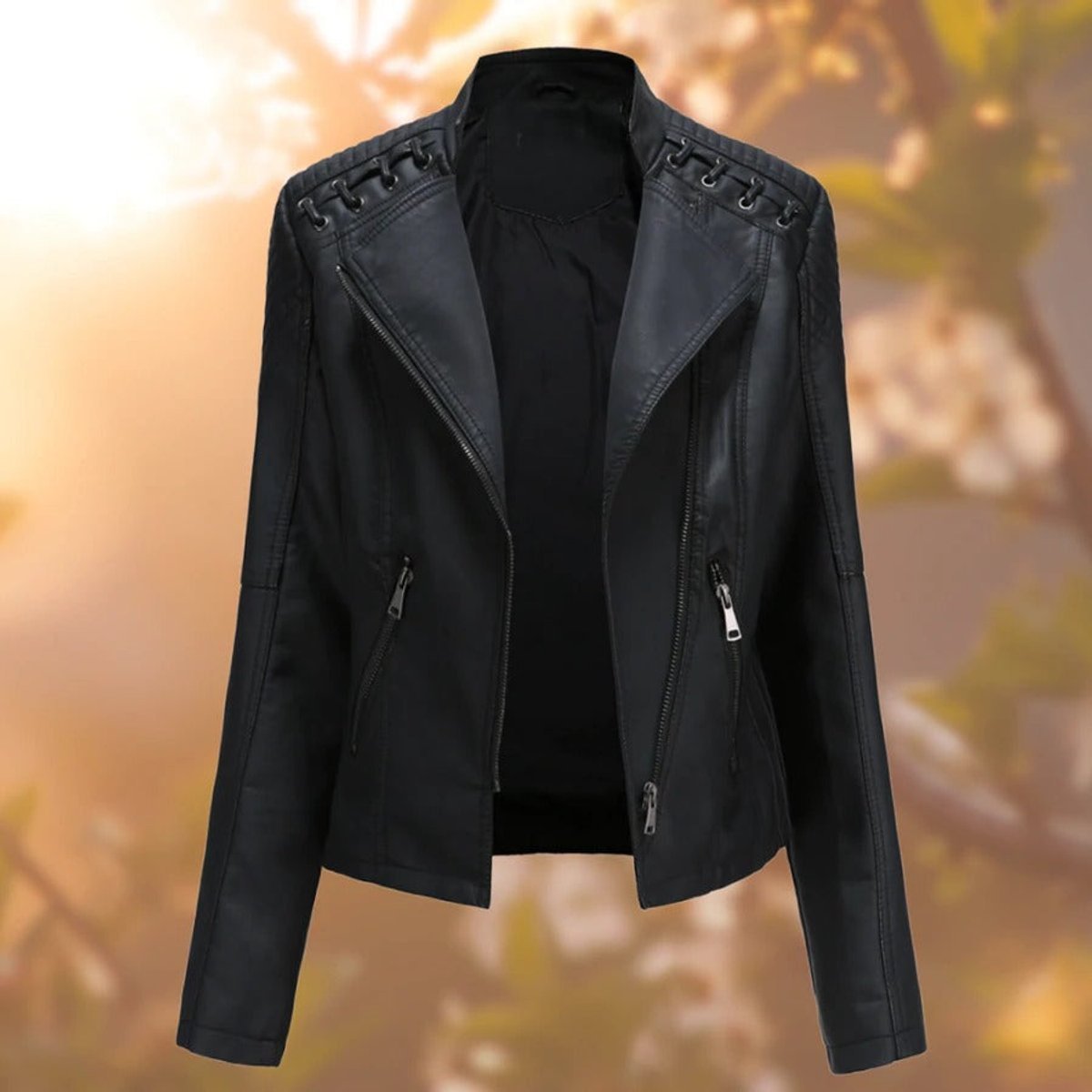 Women's Biker Jacket with Asymmetrical Zip and Shoulder Detail | L&S - 1 - London-stylehouse.com