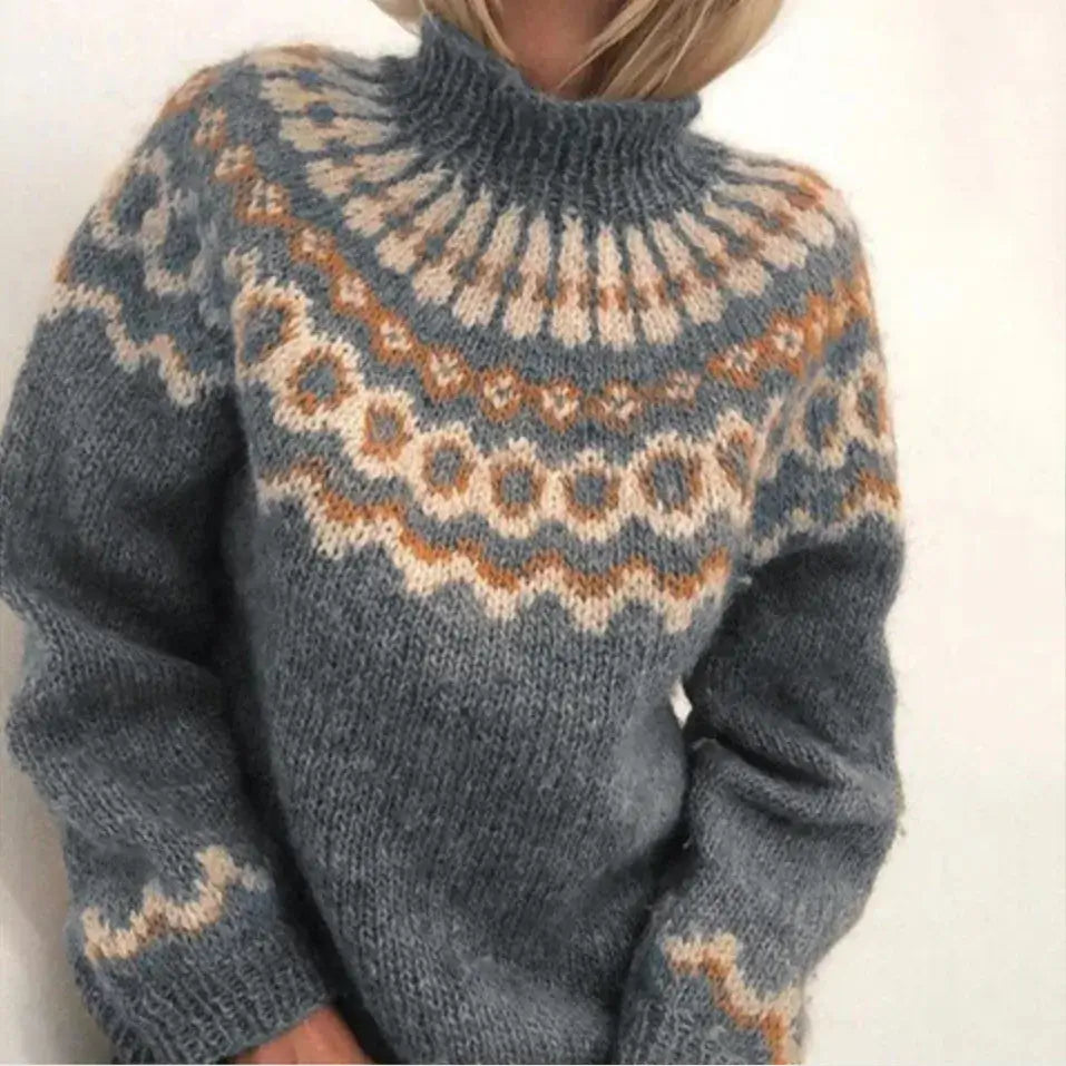 Pullover Women's High Neck with Patterned Yoke | L&S - 1 - London-stylehouse.com