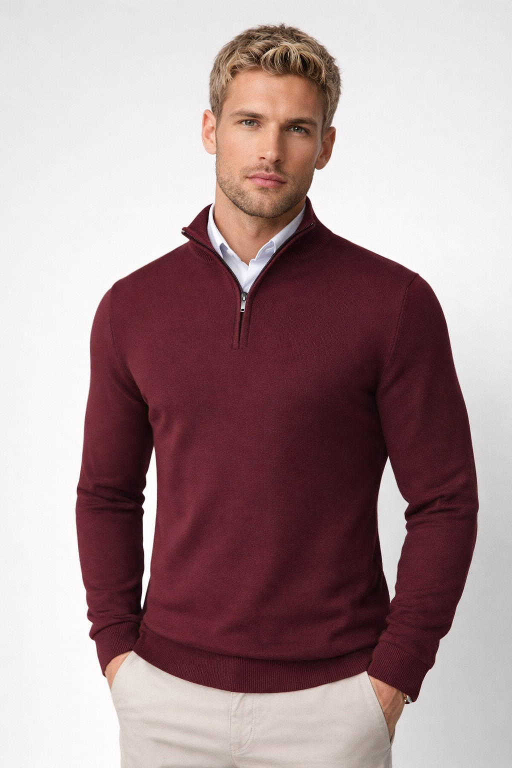 Pullover Men’s with Half Zip and High Collar – Modern Fit for Effortless Style | L&S - 4 - London-stylehouse.com