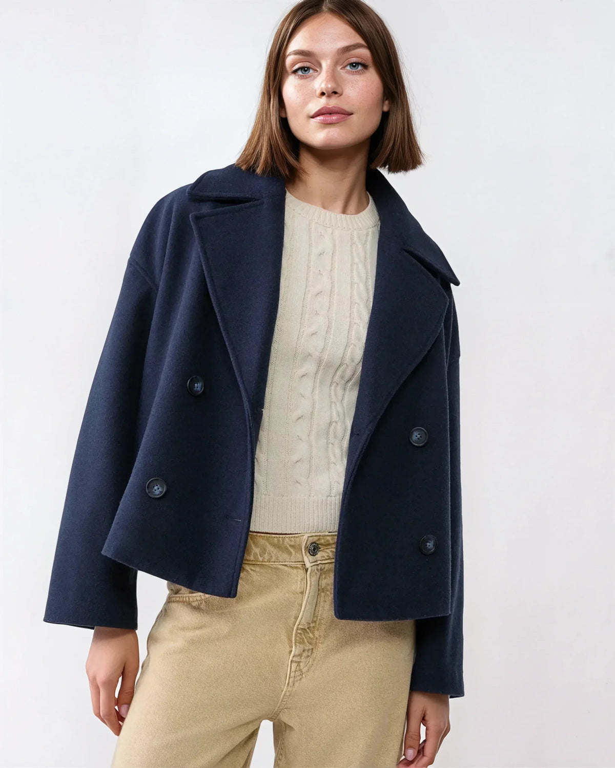 Jacket Women's Cropped Double-Breasted Design with Wide Lapels | L&S - 1 - London-stylehouse.com