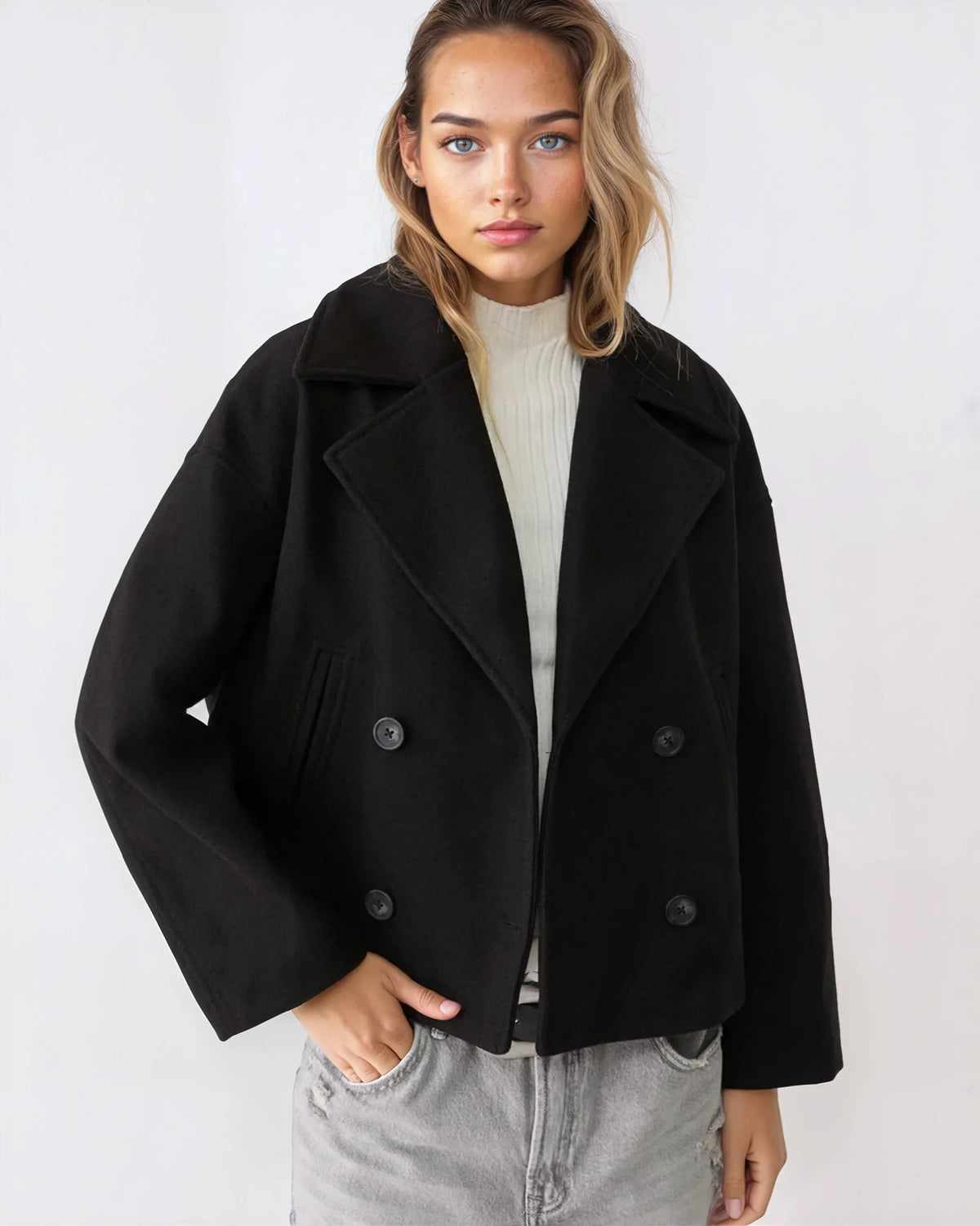 Jacket Women's Cropped Double-Breasted Design with Wide Lapels | L&S - 3 - London-stylehouse.com