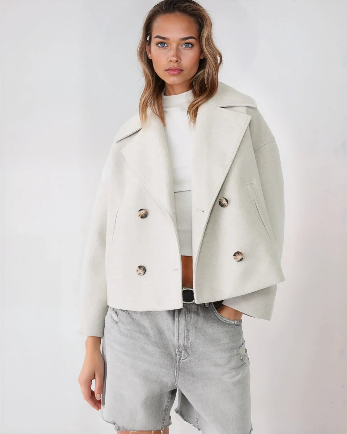 Jacket Women's Cropped Double-Breasted Design with Wide Lapels | L&S - 6 - London-stylehouse.com