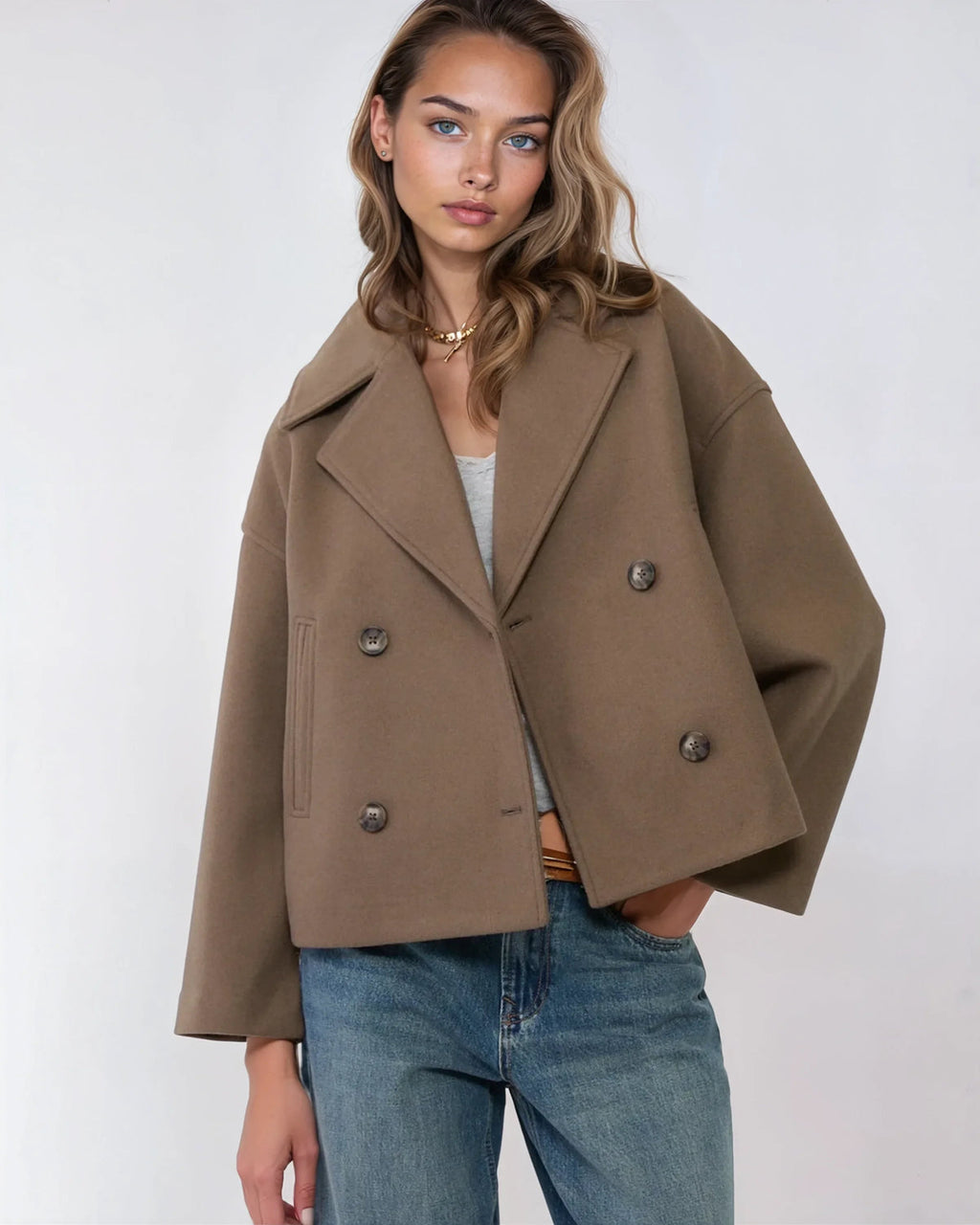 Jacket Women's Cropped Double-Breasted Design with Wide Lapels | L&S - 9 - London-stylehouse.com