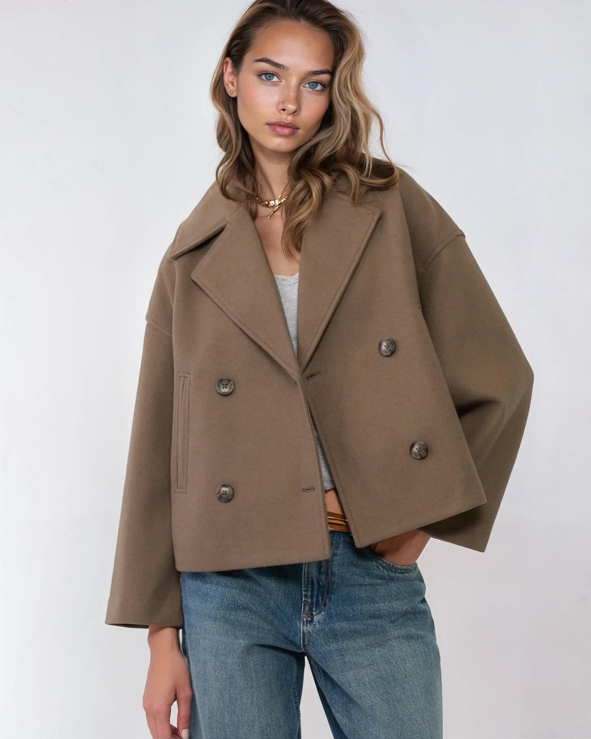Jacket Women's Cropped Double-Breasted Design with Wide Lapels | L&S - 9 - London-stylehouse.com