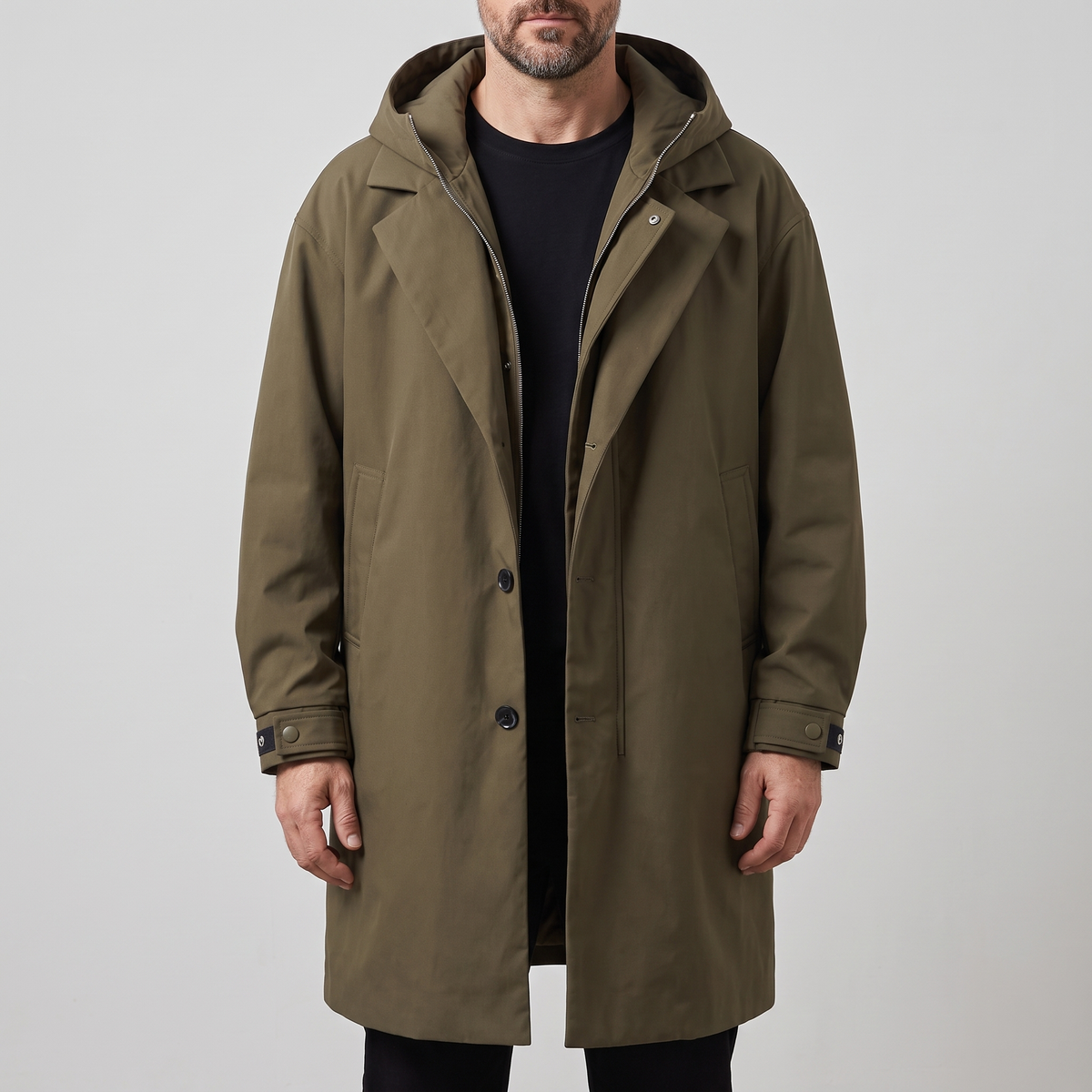 Men's Tailored Hooded Overcoat with Button Detail | L&S - 1 - London-stylehouse.com