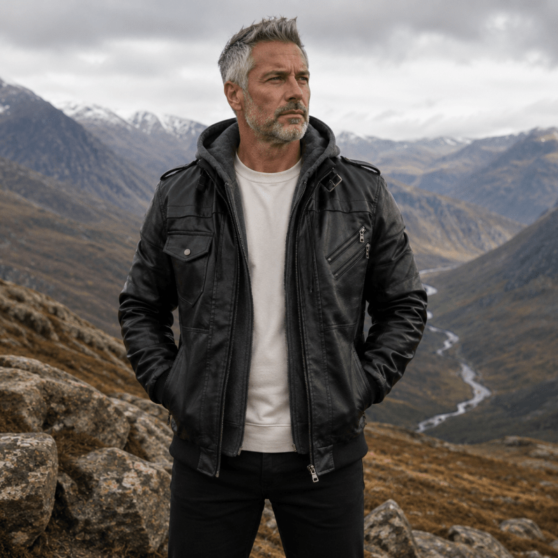 Men's Leather Jacket with Removable Hood & Asymmetrical Zip | L&S - 1 - London-stylehouse.com