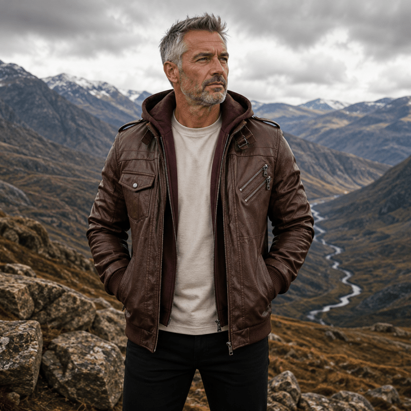 Men's Leather Jacket with Removable Hood & Asymmetrical Zip | L&S - 3 - London-stylehouse.com