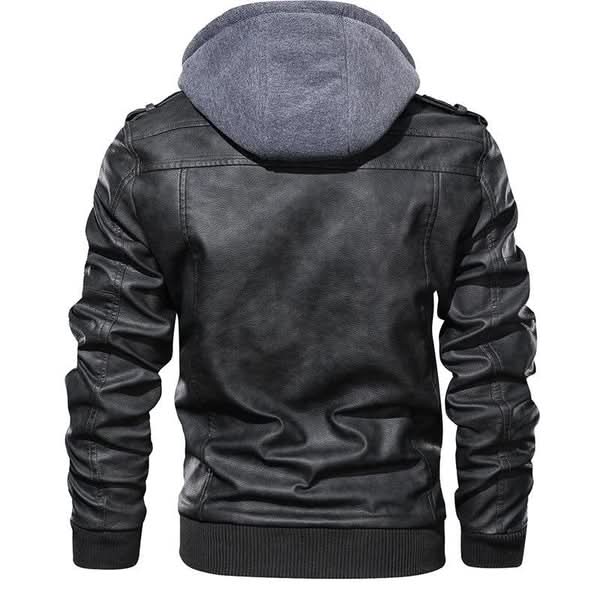 Men's Leather Jacket with Removable Hood & Asymmetrical Zip | L&S - 6 - London-stylehouse.com
