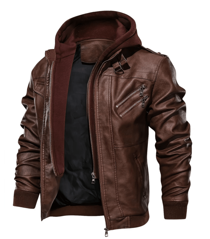 Men's Leather Jacket with Removable Hood & Asymmetrical Zip | L&S - 7 - London-stylehouse.com