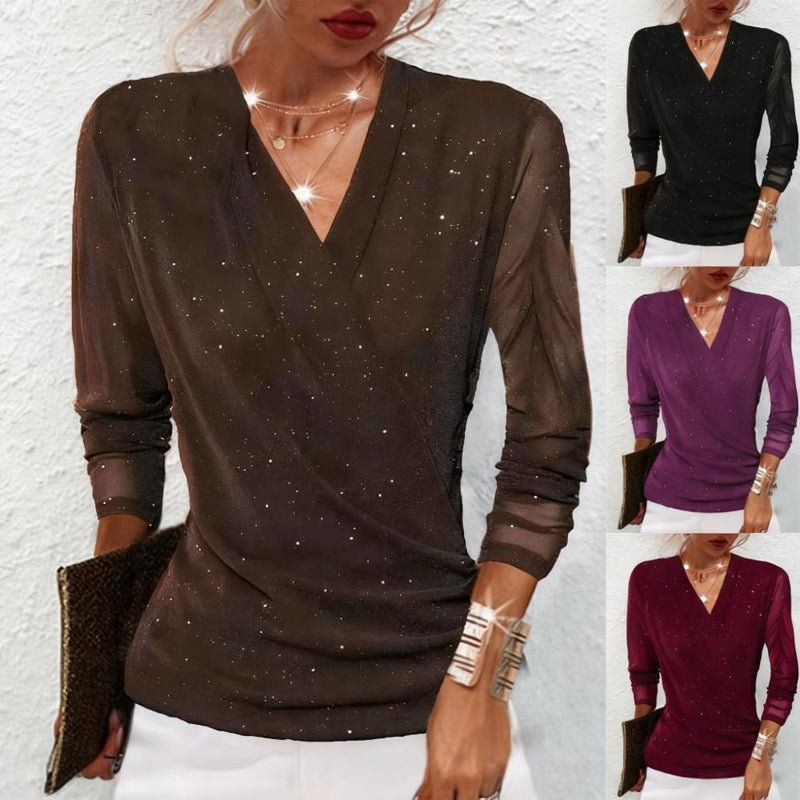 Women's Blouse with Sheer Sleeves and V-Neck | L&S - 1 - London-stylehouse.com