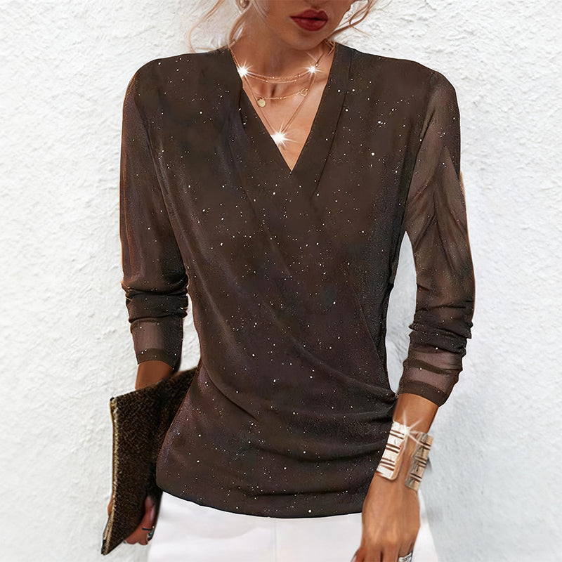 Women's Blouse with Sheer Sleeves and V-Neck | L&S - 3 - London-stylehouse.com