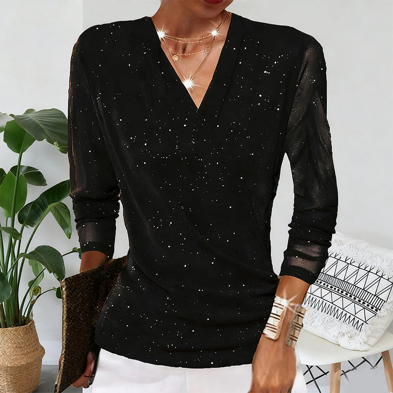 Women's Blouse with Sheer Sleeves and V-Neck | L&S - 4 - London-stylehouse.com
