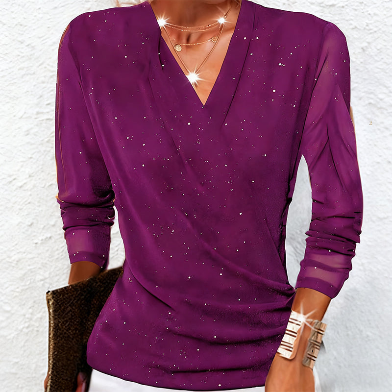 Women's Blouse with Sheer Sleeves and V-Neck | L&S - 5 - London-stylehouse.com