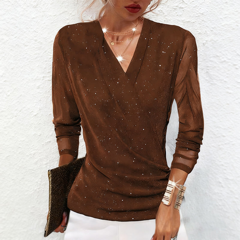 Women's Blouse with Sheer Sleeves and V-Neck | L&S - 6 - London-stylehouse.com