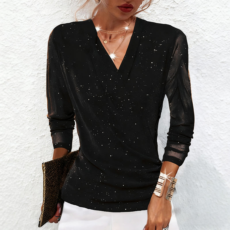 Women's Blouse with Sheer Sleeves and V-Neck | L&S - 7 - London-stylehouse.com