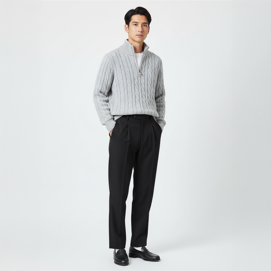Outfit Men’s Cable Knit Sweater with Tailored Trousers | L&S - 2 - London-stylehouse.com