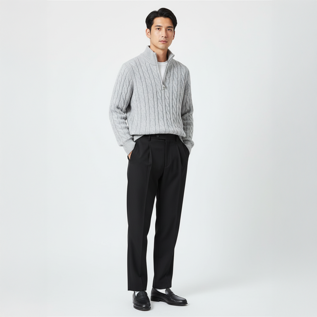 Outfit Men’s Cable Knit Sweater with Tailored Trousers | L&S - 2 - London-stylehouse.com
