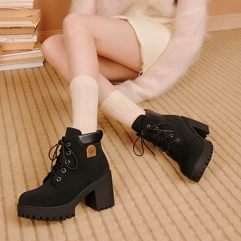 Chunky Heeled Ankle Boots Women's | Stylish Lacing Detail | L&S - 2 - London-stylehouse.com