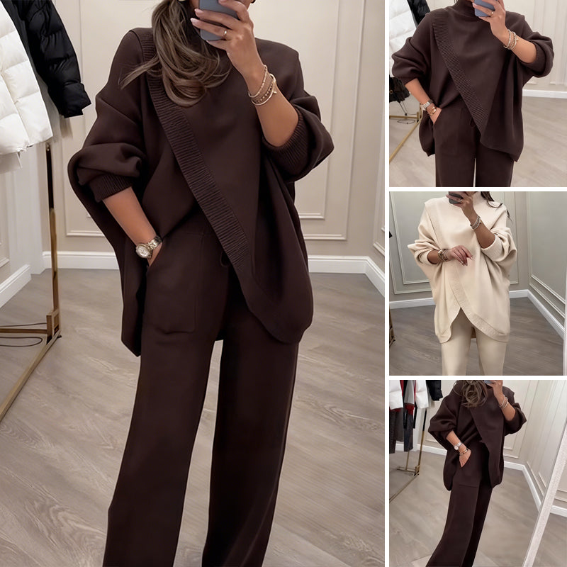 Two-Piece Women's Set - Asymmetrical Sweater & Wide-Leg Trousers | L&S - 1 - London-stylehouse.com