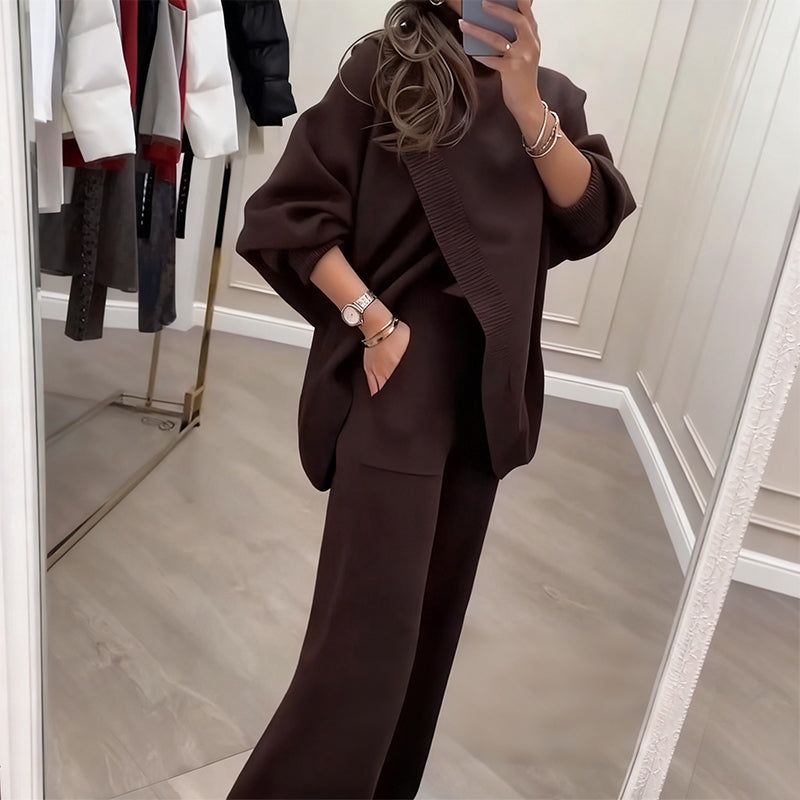 Two-Piece Women's Set - Asymmetrical Sweater & Wide-Leg Trousers | L&S - 3 - London-stylehouse.com