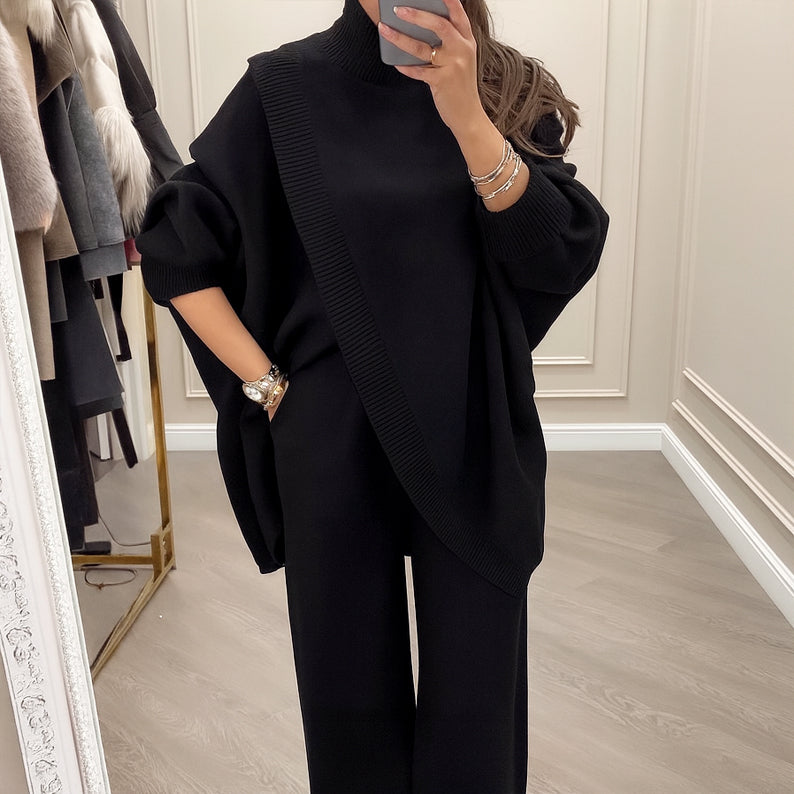 Two-Piece Women's Set - Asymmetrical Sweater & Wide-Leg Trousers | L&S - 4 - London-stylehouse.com