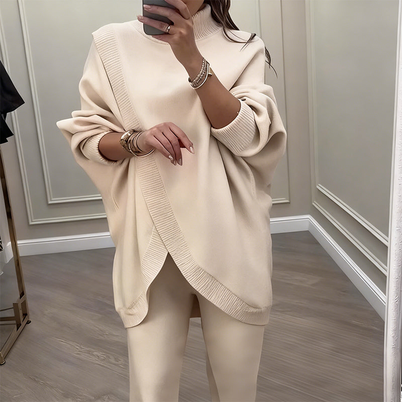 Two-Piece Women's Set - Asymmetrical Sweater & Wide-Leg Trousers | L&S - 5 - London-stylehouse.com