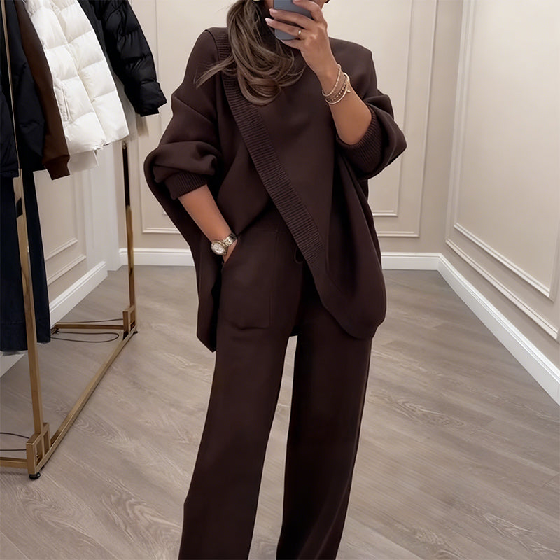 Two-Piece Women's Set - Asymmetrical Sweater & Wide-Leg Trousers | L&S - 6 - London-stylehouse.com
