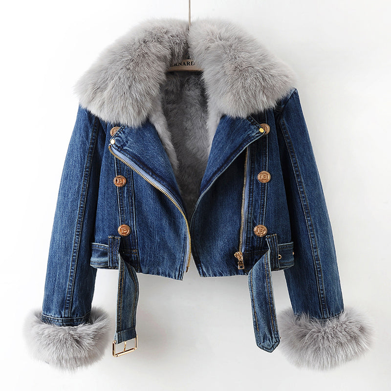 Women's Denim Jacket with Faux Fur Collar and Cuffs | L&S - 1 - London-stylehouse.com