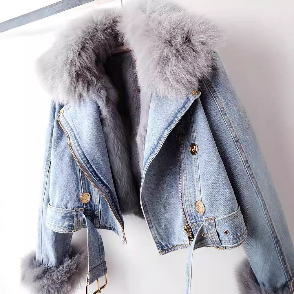 Women's Denim Jacket with Faux Fur Collar and Cuffs | L&S - 6 - London-stylehouse.com
