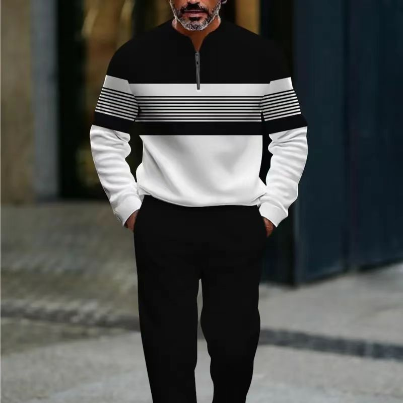 Men's Zip-Up Casual Outfit with Striped Design | L&S - 1 - London-stylehouse.com