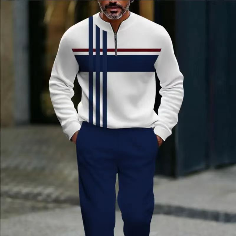 Men's Zip-Up Casual Outfit with Striped Design | L&S - 5 - London-stylehouse.com