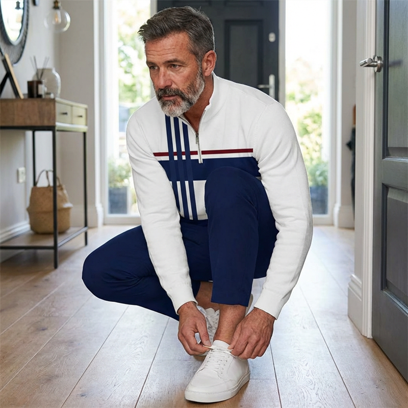 Men's Zip-Up Casual Outfit with Striped Design | L&S - 7 - London-stylehouse.com