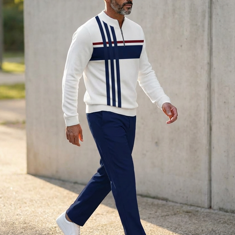 Men's Zip-Up Casual Outfit with Striped Design | L&S - 11 - London-stylehouse.com