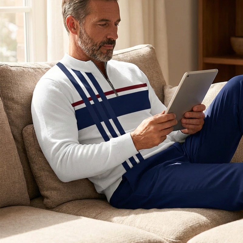 Men's Zip-Up Casual Outfit with Striped Design | L&S - 12 - London-stylehouse.com