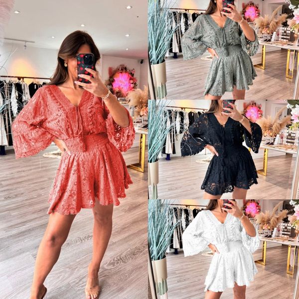 Lace Dress Women's V-Neck with Flared Sleeves | L&S - 1 - London-stylehouse.com