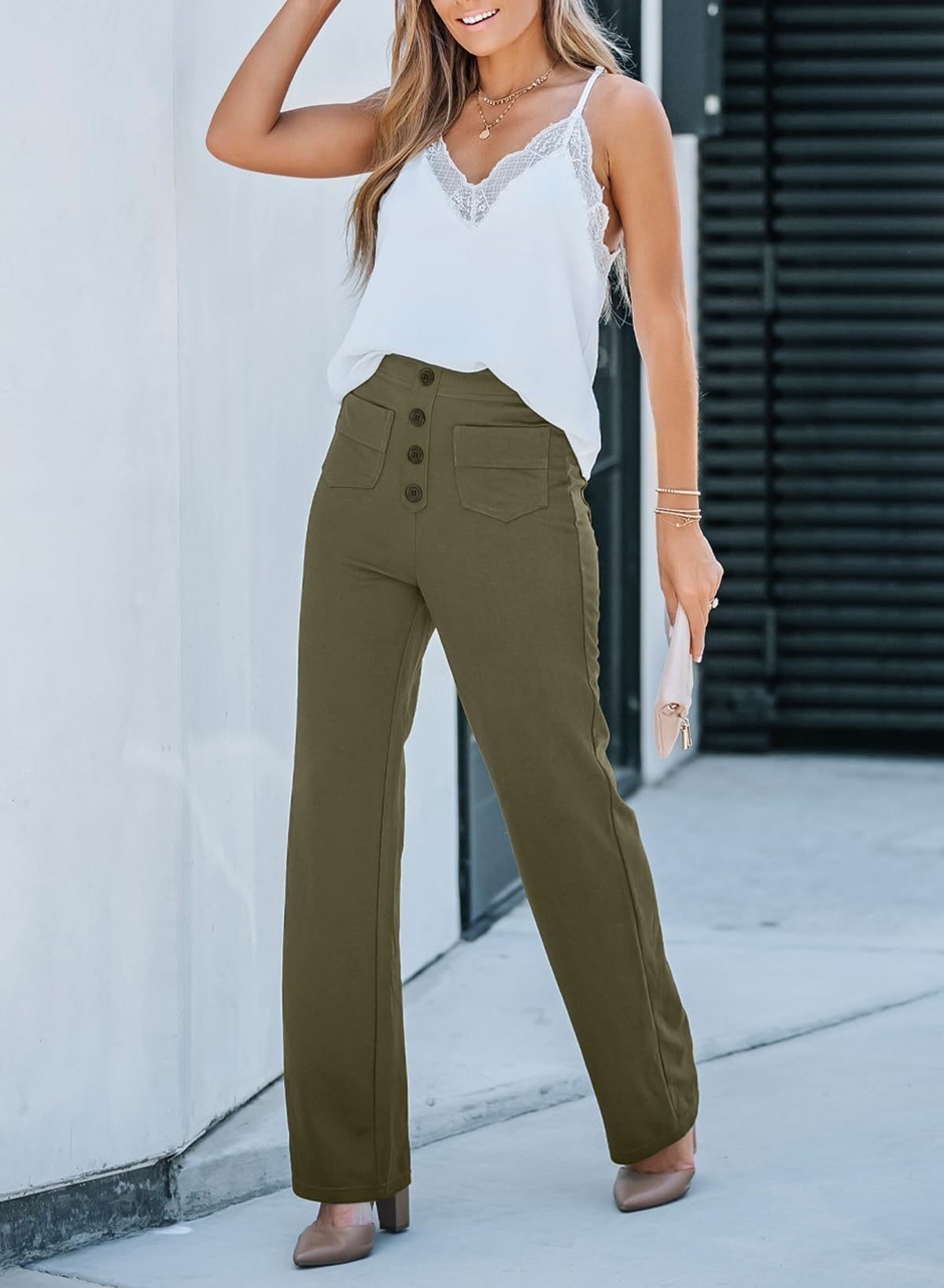 Wide Leg Pants Women's High-Waisted with Button Detail | L&S - 1 - London-stylehouse.com