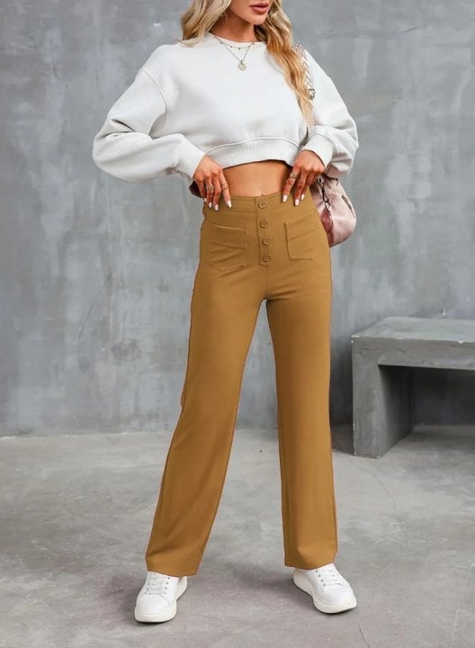 Wide Leg Pants Women's High-Waisted with Button Detail | L&S - 2 - London-stylehouse.com