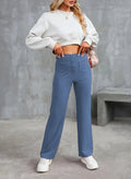 Wide Leg Pants Women's High-Waisted with Button Detail | L&S - 3 - London-stylehouse.com