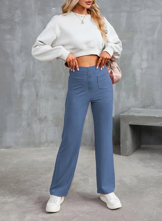 Wide Leg Pants Women's High-Waisted with Button Detail | L&S - 3 - London-stylehouse.com