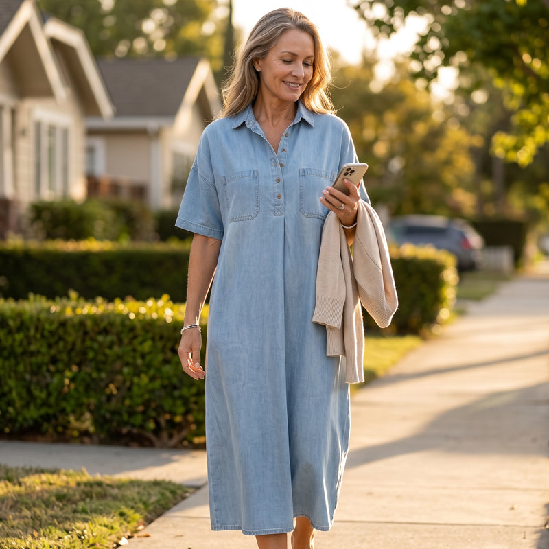 Midi Dress Women's Relaxed Fit with Button Details | L&S - 1 - London-stylehouse.com