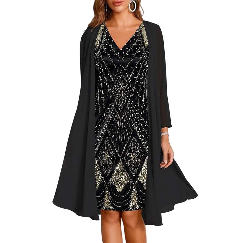 Dress Women's Elegant V-Neck with Flowing Jacket | L&S - 4 - London-stylehouse.com