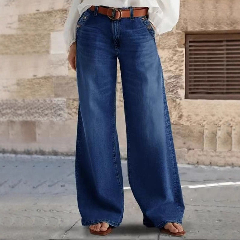 Wide Leg Jeans Women's High-Waisted Fit with Statement Button Details | L&S - 3 - London-stylehouse.com
