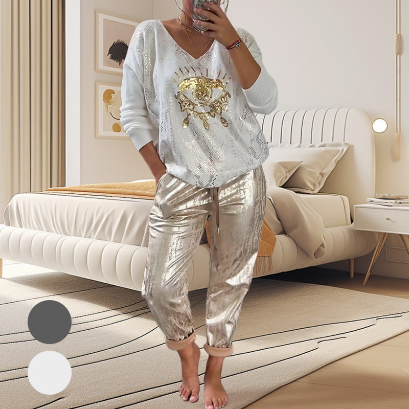Outfit Women's V-Neck Top with Sequins and Shimmering Trousers | L&S - 1 - London-stylehouse.com