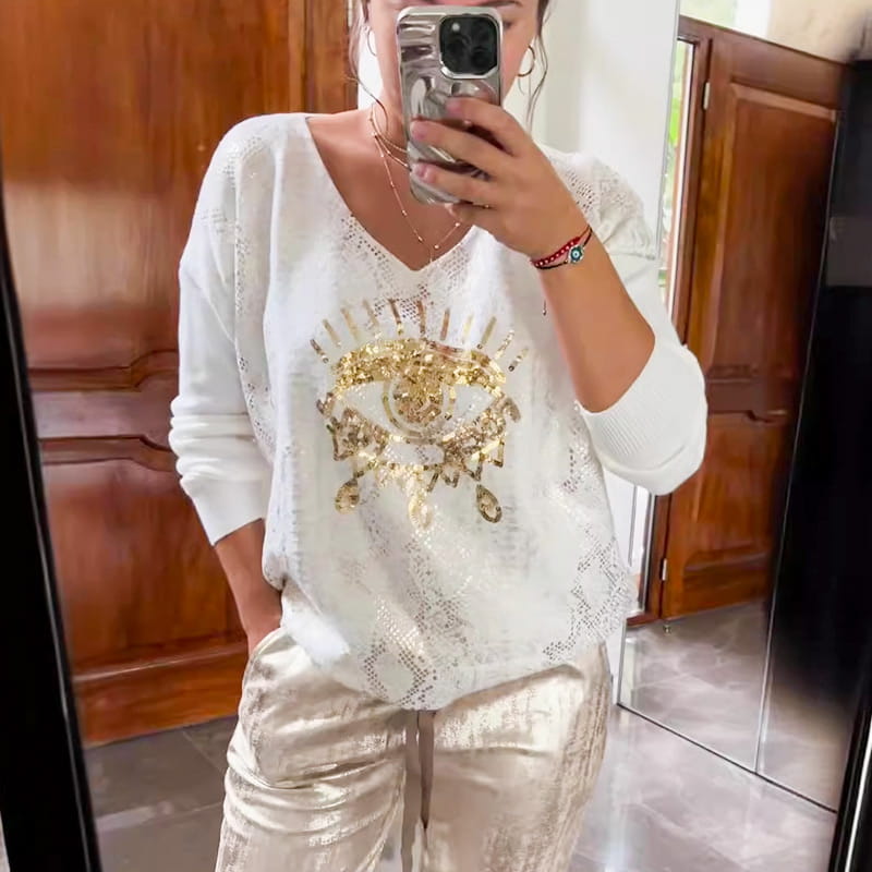 Outfit Women's V-Neck Top with Sequins and Shimmering Trousers | L&S - 3 - London-stylehouse.com